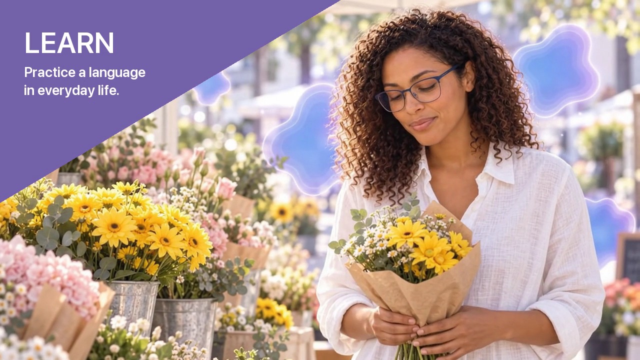 Illustrative scene of a woman practicing French at a flower market.