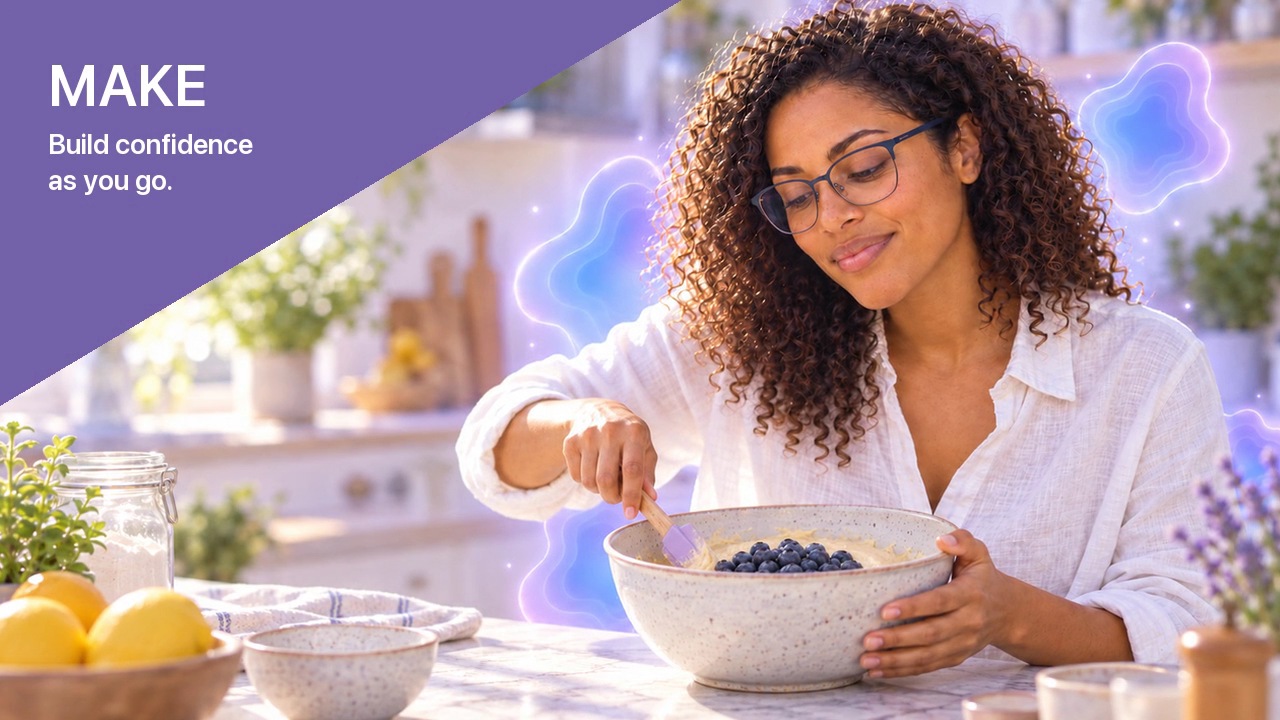 Illustrative scene of a woman trying a recipe in her kitchen.