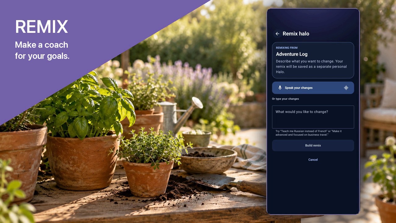 HaloField's Remix screen for Adventure Log, shown over an illustrative garden background.